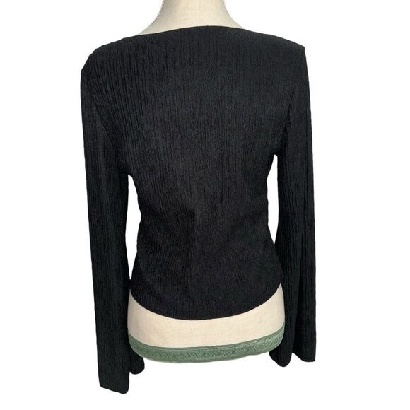 Solid Black Button Down Wide Sleeve Blouse Deep V Neck size L 8/10 stretchy - Picture 11 of 12